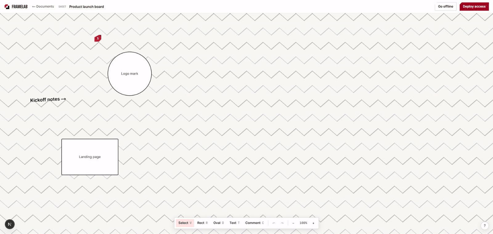 FrameLab's canvas editor — shapes on the crease-lattice grid with a comment pin and the floating tool cluster