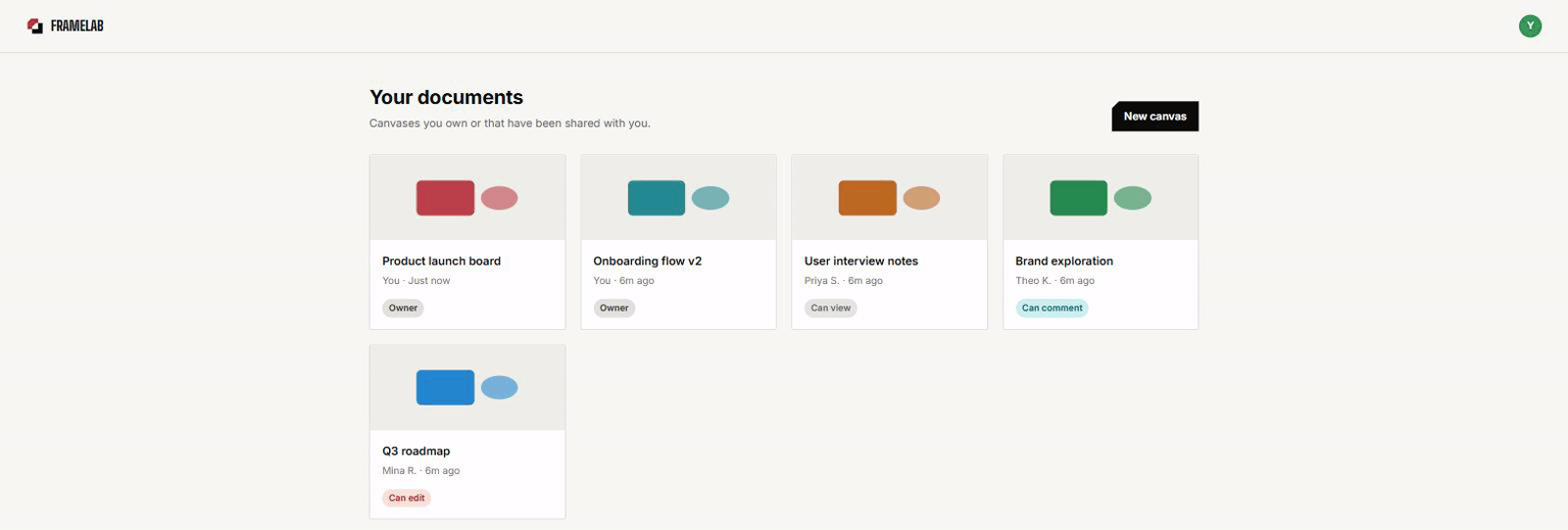 FrameLab documents dashboard: a grid of document cards showing owner and role