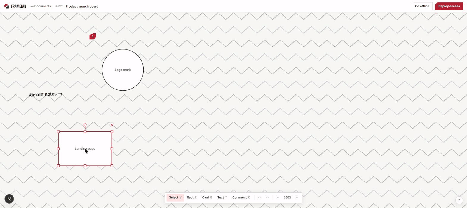 FrameLab canvas editor: shapes on the crease-lattice grid with a comment pin, selection handles on a selected shape